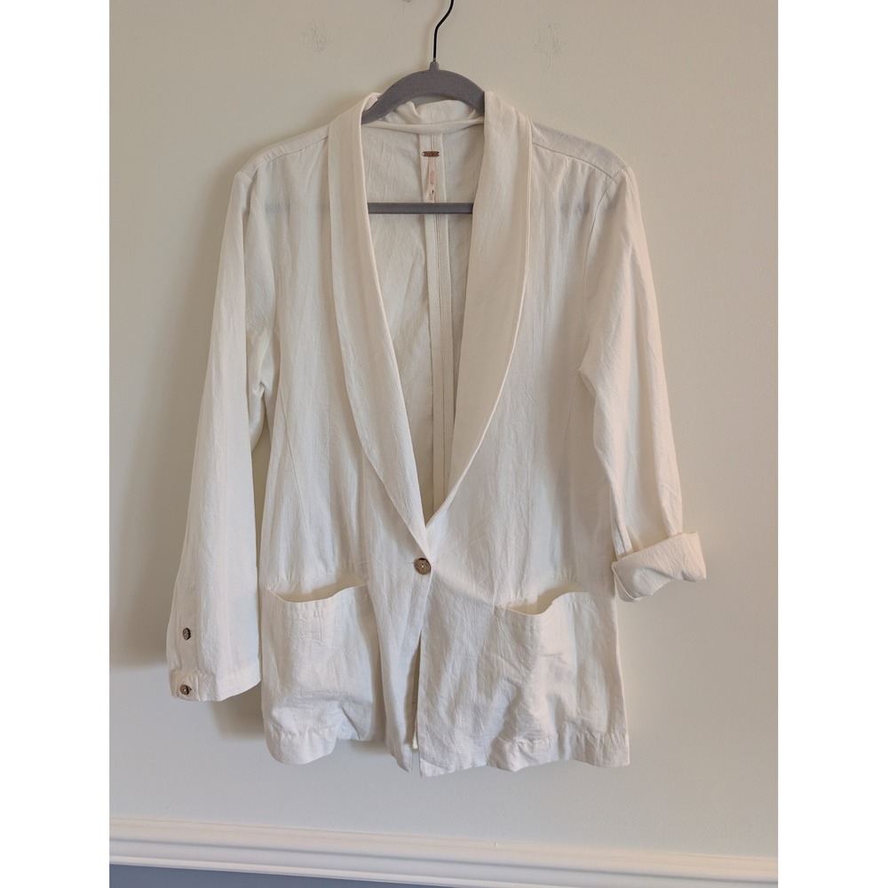 Free People White Textured Cotton Relaxed Blazer XS shawl collar coastal